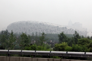 The Bird's Nest  stadium in Beijing surrounded by smog.