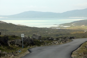 Single Track Road, with Passing Place, and sandy beach in the background
