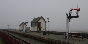 Foggy Porthmadog Harbour platform and signalbox